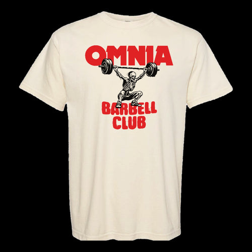 Omnia Barbell Club Tee — ivory Comfort Colors tee with red OMNIA Barbell Club print