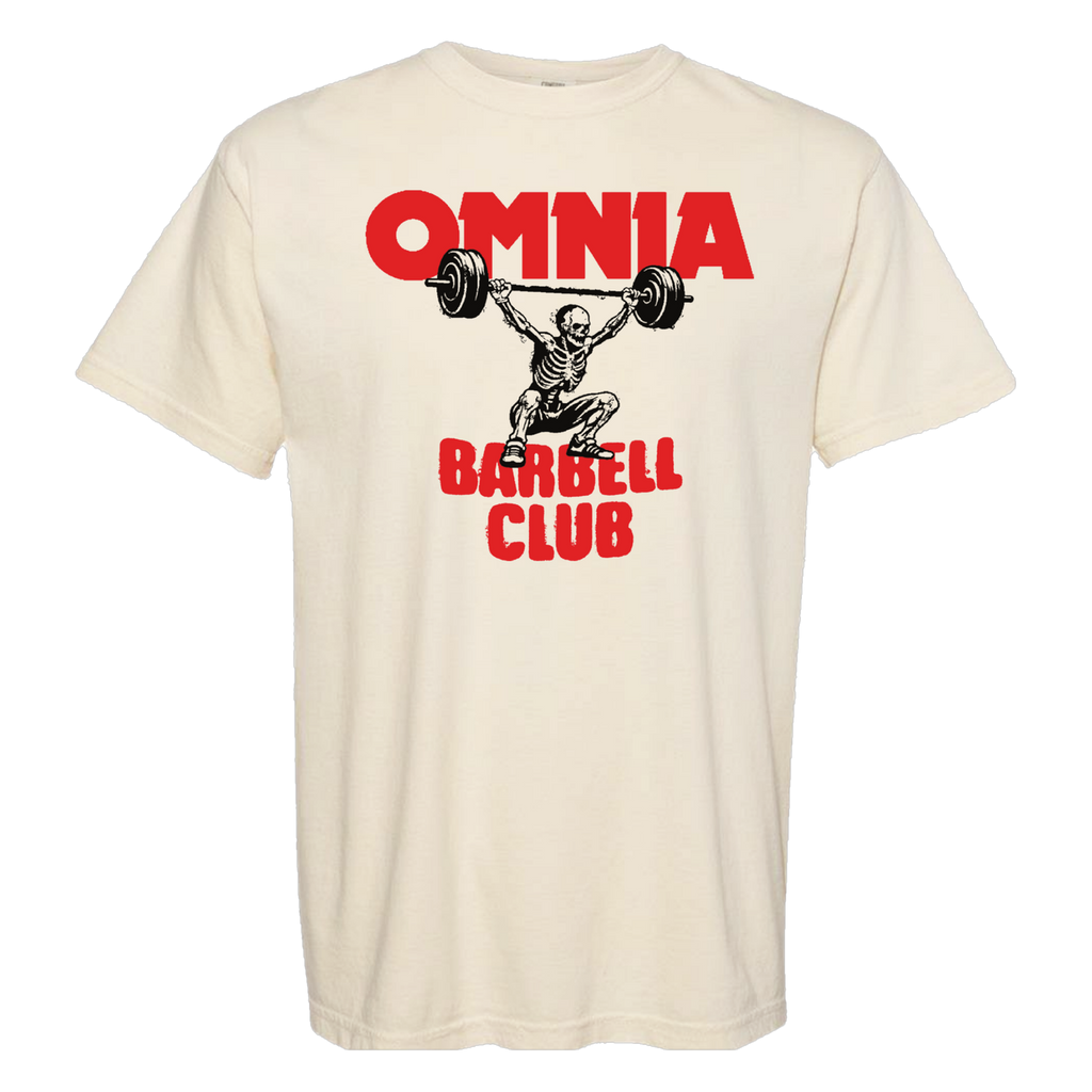 Omnia Barbell Club Tee — ivory Comfort Colors tee with red OMNIA Barbell Club print