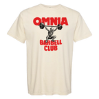 Omnia Barbell Club Tee — ivory Comfort Colors tee with red OMNIA Barbell Club print