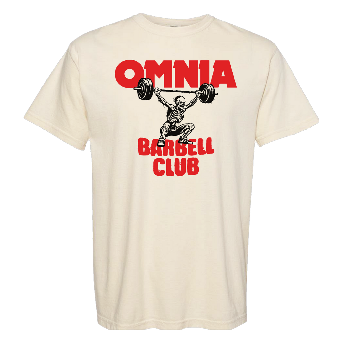 Omnia Barbell Club Tee — ivory Comfort Colors tee with red OMNIA Barbell Club print