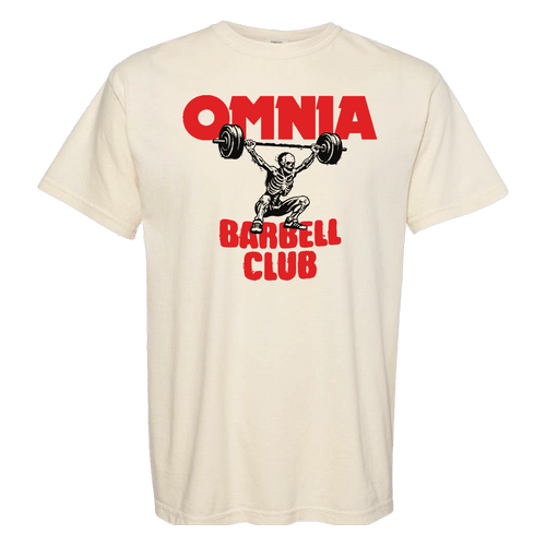 Omnia Barbell Club Tee — ivory Comfort Colors tee with red OMNIA Barbell Club print