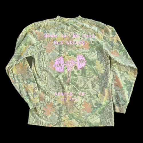 Omnia camo long sleeve, back print: Show up. Be real. Get strong. Denver, CO est 2013
