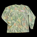 Omnia Shop Tee long sleeve in vintage faded camo, front with pink OMNIA chest print