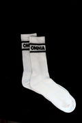 Omnia Crew Socks, white ribbed crew socks with black OMNIA stripe band