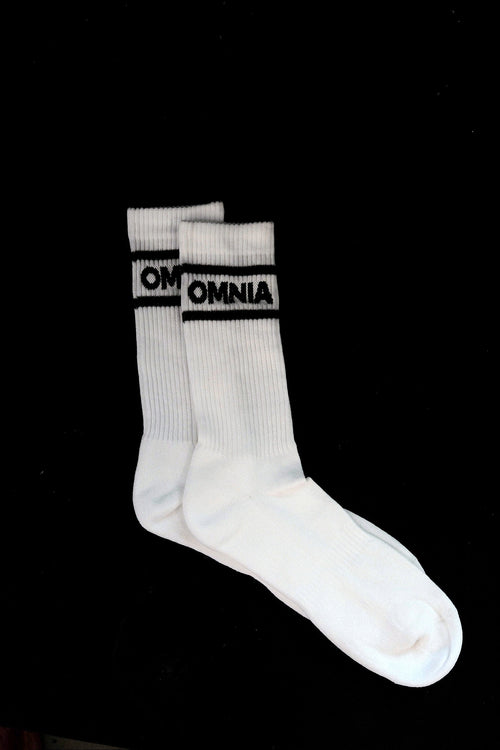 Omnia Crew Socks, white ribbed crew socks with black OMNIA stripe band