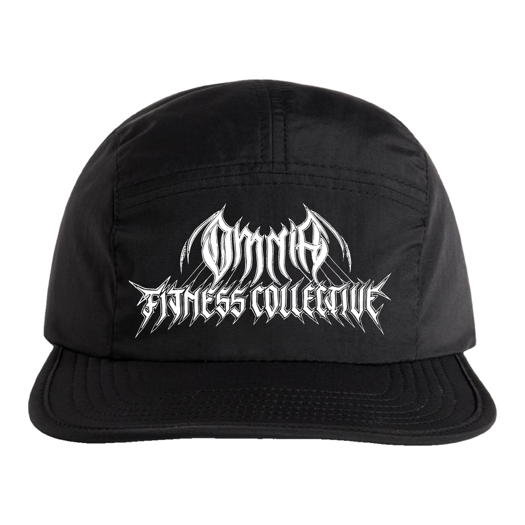 Black Omnia running hat with white embroidered Metal Logo, front