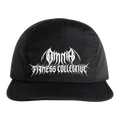 Black Omnia running hat with white embroidered Metal Logo, front