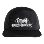 Black Omnia running hat with white embroidered Metal Logo, front