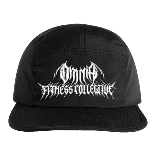 Black Omnia running hat with white embroidered Metal Logo, front