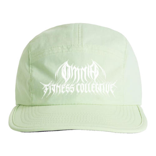 Mint Omnia running hat with white embroidered Metal Logo, front