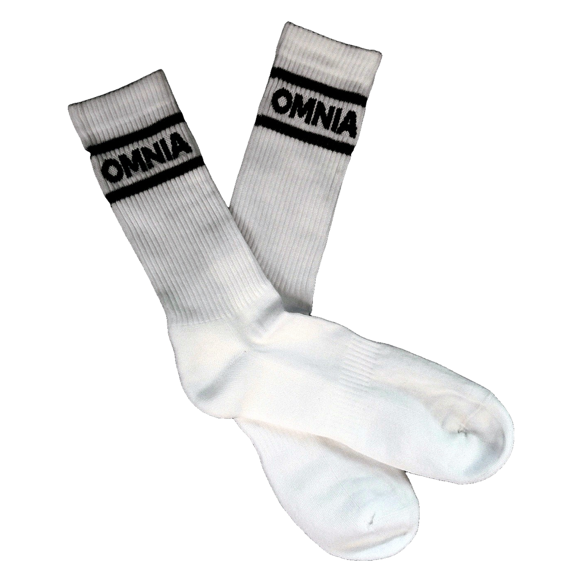 Pair of white Omnia Crew Socks crossed