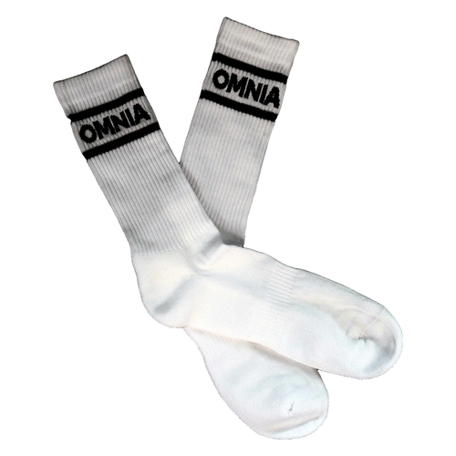 Pair of white Omnia Crew Socks crossed