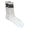 Omnia Crew Socks, white ribbed crew socks with black OMNIA stripe band