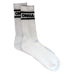 Omnia Crew Socks, white ribbed crew socks with black OMNIA stripe band