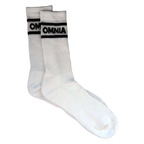 Omnia Crew Socks, white ribbed crew socks with black OMNIA stripe band
